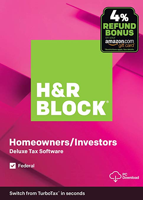 H&R Block Tax Software Deluxe 2019 [Federal Only] with 4% Refund Bonus Offer [Amazon Exclusive] [PC Download]