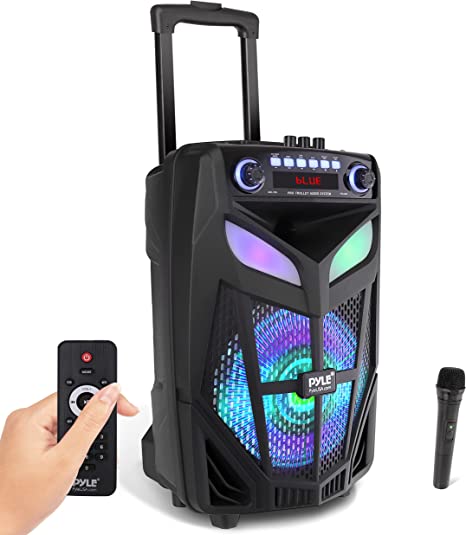 Portable Bluetooth PA Speaker System - 800W 12” Outdoor Bluetooth Speaker Portable PA System - Party Lights, USB SD Card Reader, FM Radio, Rolling Wheels - Wireless microphone, Remote -Pyle PPHP121WMB