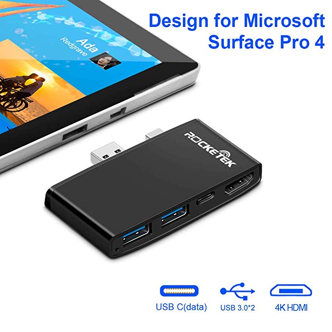 Rocketek USB 3.0 Hub Adapter, USB Hub Docking Station & USB to HDMI Adapter with Dual USB 3.0 Port (5Gps) USB C(Data) 4K HDMI USB Combo Adapter Compatible with 4th-gen Microsoft Surface Pro 4