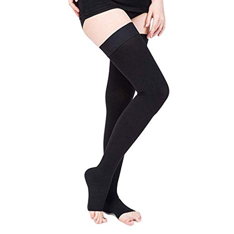 SWOLF Thigh High Compression Stockings Women Men, Open Toe Firm Support 20-30 mmHg Graduated Compression Socks - Moderate Toeless Medical Support Hose Swelling Varicose Veins Edema