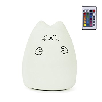 GoLine Remote Control LED Kitty Night Light, Cute Multicolor Children Baby Nursery Lamp, Tap Control, 5 Light Modes, Static/Breathing/Flashing, Brightness Adjustment, 12-hour Portable Use.(NL009)