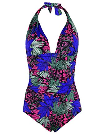 Hilor Women's Plunge Deep V Neck One Piece Swimsuit Halter Bikinis Monokinis Shirred Details