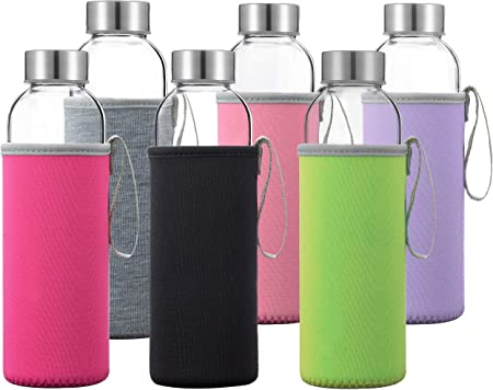 Otis Glass Water Bottles - 6 Pack w/ Sleeves & Stainless Steel Lids - For Hot & Cold Drinks, Kombucha, Juice & Tea - Water Tumbler w/ Colourful Sleeve - 18oz