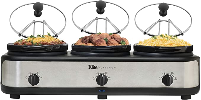 Elite Platinum EWMST-325FFP Maxi-Matic Triple Slow Cooker Buffet Server, Black/Silver