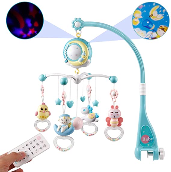 Baby Musical Mobile Crib with Music and Lights, Timing Function, Projection, Take-Along Rattle and Music Box for Babies Boy Girl Toddler Sleep