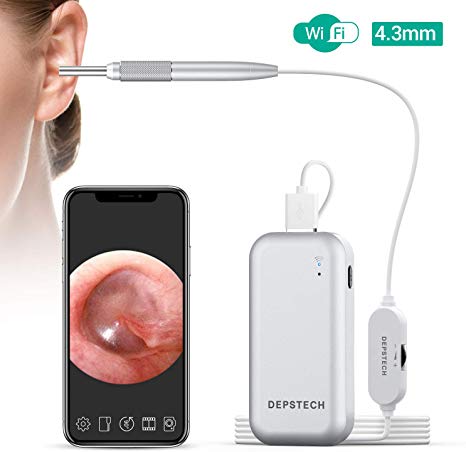 WiFi Otoscope, DEPSTECH 4.3mm Wireless Digital Ear Scope with 6 Adjustable LED Lights and Ear Cleaning Tools, WiFi-USB Ear Inspection Camera Compatible with iOS, Android, Mac & Windows PC