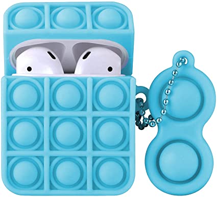 Relive Stress Pop Mini AirPods Cover Case, Fidget Toys Push Pop Bubble Silicone Shockproof Case with Keychain for AirPods 1/2 (Light Blue)