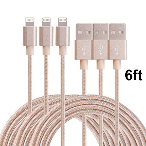 Red Gem 3Pack Nylon Braided Lightning Cable USB Cord Charging Cable for iphone 6s, 6s plus, 6plus, 6,5s 5c 5,iPad Mini, Air,iPad5,iPod. Compatible with iOS9.(GOLD) (6FT)