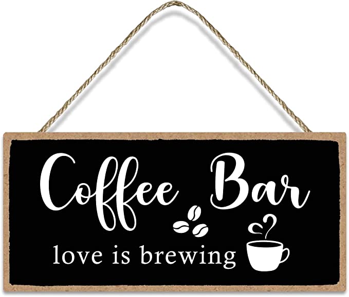 Coffee Bar Love is Brewing Vintage Kitchen Coffee Sign, Funny Black Farmhouse Wooden Hanging Wall Art Coffee Plaque for Home Kitchen Office Coffee Bar Porch Decor, 5 x 10 inch