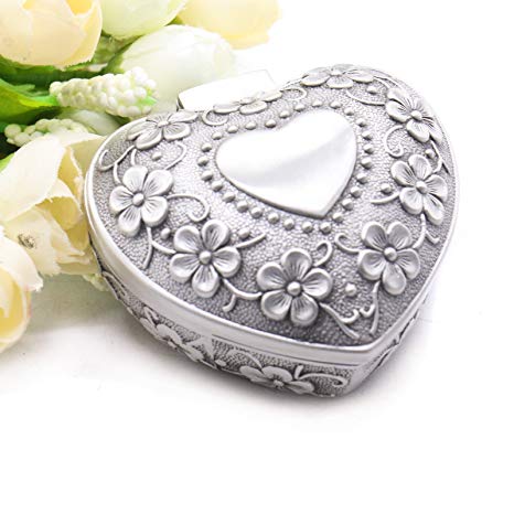 JETEHO Small Vintage Antique Heart Shape Ring Box Small Trinket Jewelry Storage Organizer, Silver