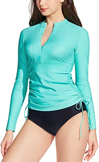 TSLA Women's Half-Zip Front Rash Guard, UPF 50  Side Adjustable Long Sleeve Swim Shirts, UV/Sun Protection Wetsuit Swimsuit Top