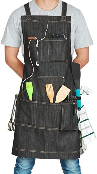 Fjackets Aprons for Men & Women, Adjustable Black Denim Apron with Multiple Pockets, Ideal for BBQ Accessories - Non Leather Quick Release Buckle Work Aprons for Kitchen Tools