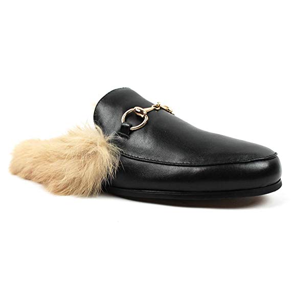 Mens Backless Slip On Real Leather Faux Fur Gold Buckle Round Toe Loafers Shoes
