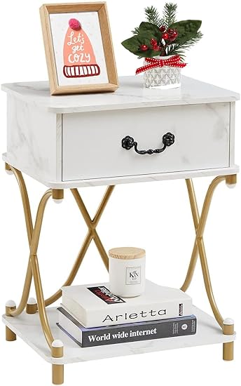 VECELO White and Gold Nightstands with Drawer for Bedroom, Endtable Bedside Table with Storage & Open Shelf for Living Room, Modern Style