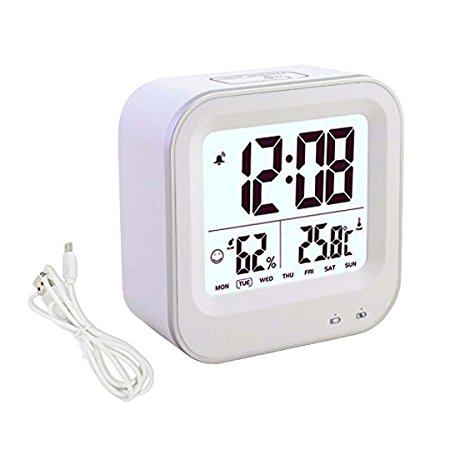 Digital Alarm Clock Rechargeable With Temperature Humidity Week 12/24h Display Snooze -- Coslife (White)