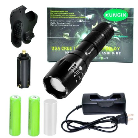 Kungix LED Nightlight Tactical XML Cree T6 Flashlight, 1200 Lumens 5 Models Zoomable Torch, 2-Piece Rechargeable Battery, Bicycle Holder, Charger Base