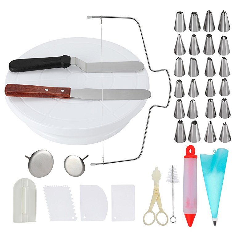 Sindh Cake Decorating Supplies, Cake Decorating 24 Pcs Piping Nozzles Rotating Cake Turntable,Cake Leveler with 2 PCS 12.7'' Angled Icing Spatula Icing,Smoother,Pastry Bag,Revolving Cake Stand,Cake Syringe,Cake Cutter,Cake Flower Lifter,Flower Nail,Cupcake Decorating Set