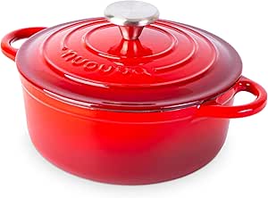 Cast Iron Dutch Oven with Lid – Non-Stick Ovenproof Enamelled Casserole Pot – Sturdy Dutch Oven Cookware – Red, 2.1-Quart, 20cm – by Nuovva