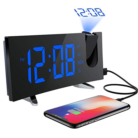 PICTEK  Projection Alarm Clock FM 5-Inch Dimmable Screen Ceiling Display, Kids Radio with Dual Snooze Function, Digital Alarm Clock Projector for Bedroom