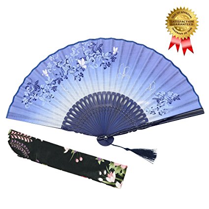 OMyTea 8.27"(21cm) Women Hand Held Silk Folding Fans with Bamboo Frame - With a Fabric Sleeve for Protection for Gifts - Chinese / Japanese Style Butterflies and Morning Glory Flowers Pattern (Blue)