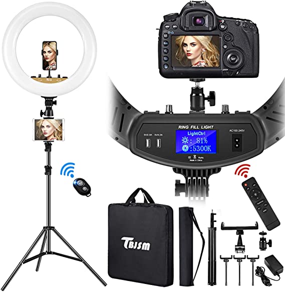 TBJSM Ring Light Kit 18 inch 6000K Dimmable LED Ring Light with Light Stand Carrying Bag Cold Shoe Adapter for Camera Smartphone iPad YouTube TikTok Self-Portrait Shooting Black