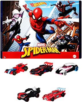 Hot Wheels Marvel Spider-Man Character Cars 5-Pack of 1:64 Scale Vehicles, Includes Spider-Man, Spider-Man in Proto-Suit, Miles Morales, Spider-Gwen & Venom, Collectible Gift for Ages 3 Years & Older