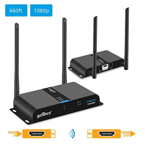 gofanco 660ft 1080p Wireless HDMI Extender Kit - Dual Antenna - 660 feet (200m) - IR remote control - Fully compliant with HDMI and HDCP standards