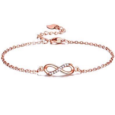 F.ZENI Women Link Bracelet 925 Sterling Silver Infinity Forever Love Accent Adjustable Charm Chain with Gift Box,6.5-7.7 Inch,Plating 18k White Gold and Rose Gold Colours