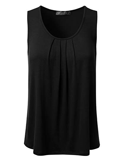 DRESSIS Womens Casual Pleated Scoop Neck Loose Fit Tank Top