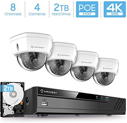 Amcrest 4K 8CH Security Camera System w/ 4K (8MP) NVR, (4) x 4K (8-Megapixel) IP67 Weatherproof Metal Dome POE IP Cameras (3840x2160),Pre-Installed 2TB Hard Drive, NV4108E-HS-IP8M-2493EW4-2TB (White)