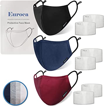 Euroca 4 Layer Face Masks Reusable Washable Made from Cotton Fabric with Nose Wire Adjustable Ear Loop for Mens Womens Teens -3 Packs with 6 Filters Included (Black Burgundy Navy Small 3PK)