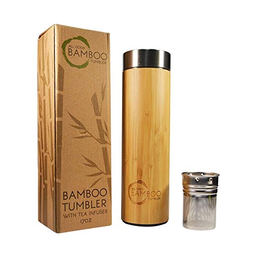 Bamboo Tea Tumbler with Tea Infuser & Strainer|17oz Tea Thermos Travel Bottle|BPA Free Stainless Steel Tumbler|Leak Proof Thermos for Loose Leaf Tea or Fruit Infused