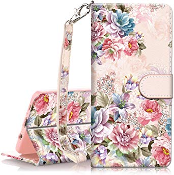 Galaxy S9 Case, Hocase PU Leather Full Body Protective Wallet Case Cover with Credit Card Holders, Wrist Strap, Magnetic Closure for Samsung Galaxy S9 (SM-G960) 2018 - Peony Flowers