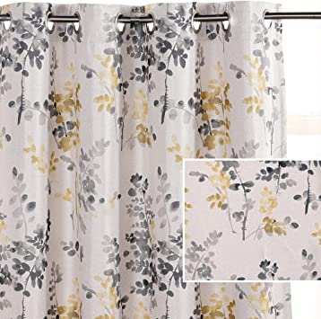 STACYPIK Farmhouse Blackout Curtains 96 Inches Long,Yellow Gray Floral Patterned Linen Light Blocking Grommet Room Darkening Curtains for Bedroom Insulating Living Room Curtains 2 Panel Sets