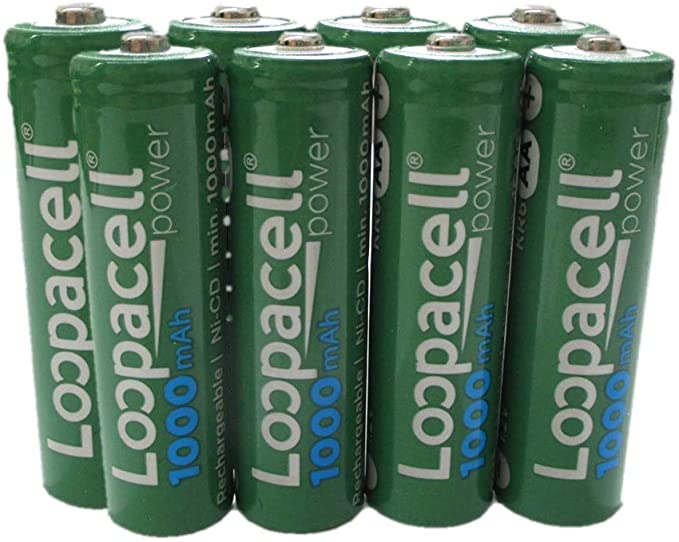 8 AA Rechargeable NiCD Battery, 1.2V 1000mAh High Capacity AA Batteries by Loopacell