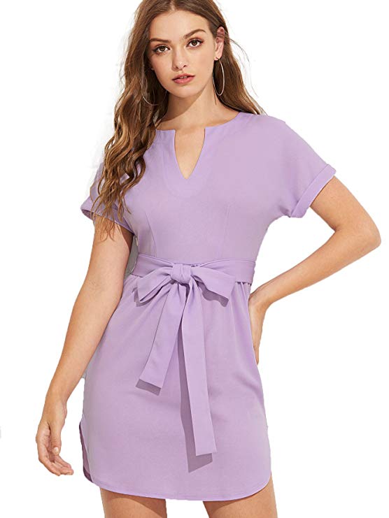 Romwe Women's Casual V-Neck Roll up Short Sleeve Belted Sheath Dress