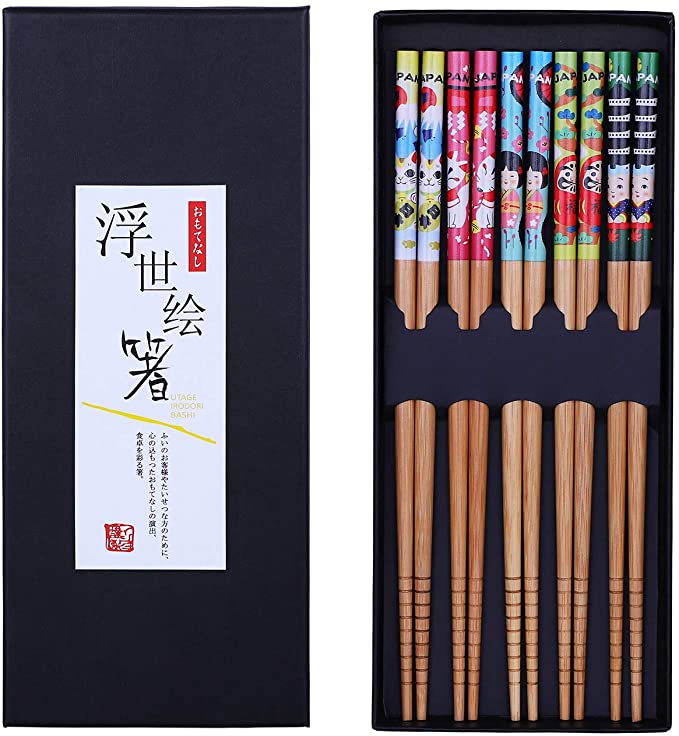 Antner 5 Pairs Japanese Bamboo Chopsticks Reusable Natural Bamboo Chopsticks with Gift Box, 22.5cm