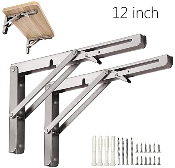 Joe’s Home 2 Pcs 12” Folding Shelf Brackets Heavy Duty Stainless Steel, Collapsible Foldable Shelf Bracket for Table Work Bench, Space Saving Wall Mounted Screws Included Max Load 330lb
