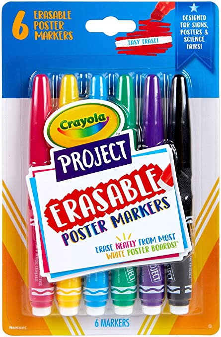 Crayola Erasable Poster Markers, Poster Board Markers, Cool School Supplies, 6ct