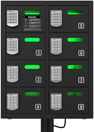 ChargeTech Secure Cell Phone Charging Station Locker w/8 Digital Combination Locking Bays - Multi-Port Charging Locker with Universal Charging Tips Included for All Devices (Model: PL8) [Black]