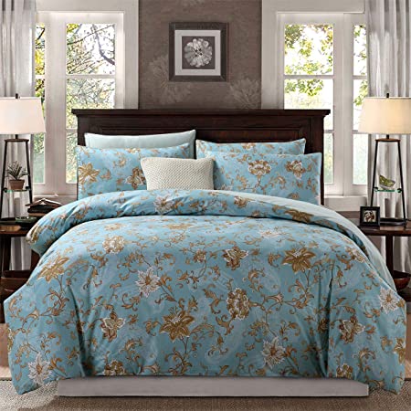 Softta Luxury California King Vine Khaki Floral Bedding Set Bohemia Chic Satin Shabby Vintage Farmhouse 3Pcs Duvet/Quilt Cover Sets 1 Duvet Cover 2 Pillow sham 100% Damask Egytion Cotton Baby Blue