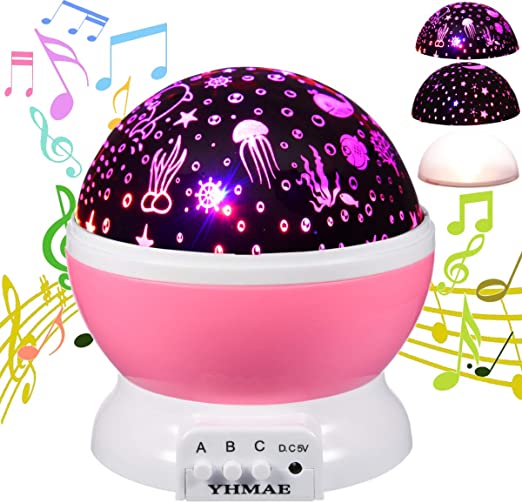YHMAE Moon Star Ocean Music Night Light 360 Degree Rotation Projector 9 Modes 12 Songs for Babies Children Relax Sleep Nursery Unique Best Gifts for Kids(1Pink)