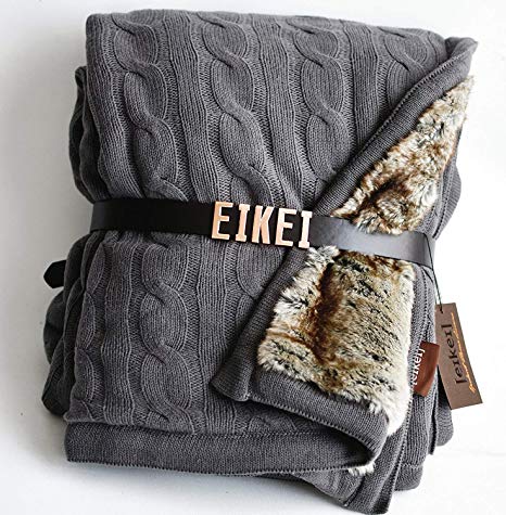 Luxury Cable Knit Throw with Faux Fur Reverse Knitted Cozy Blanket in Charocal and Chinchilla Brown Reversible (Grey)