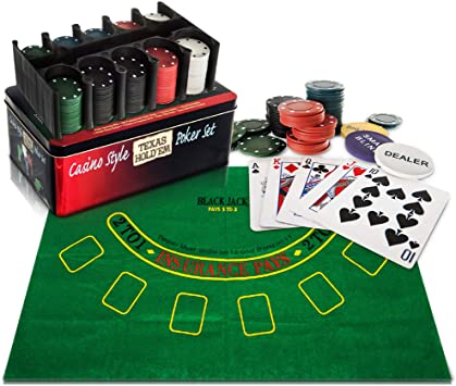 WICKED GIZMOS Professional Casino Style 200 Piece Texas Hold'em Poker and Blackjack Game Play Set with Felt Mat, Chips, Chip Deck, Playing Cards and Tin Gift Box
