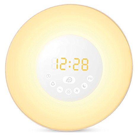 Amir Wake-Up Light, Upgraded Sunrise Simulation Alarm Clock with Sunset & Snooze Function, 6 Colors Atmosphere Lamp, 10 Brightness of Warm White Bedside Lamp with 6 Natural Sounds & FM Radio