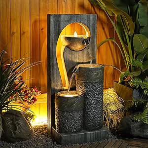 Water Fountain Outdoor Indoor - Modern Waterfall Garden Freestanding Fountain ρ-Shaped Hollow Artistry Design with LED Lights and Light Strip for Home Decor Patio Yard Pool,41 inches Tall