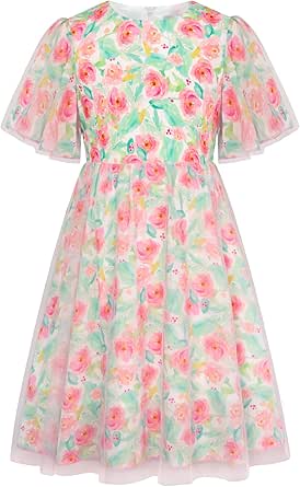 GRACE KARIN Girls Floral Spring Summer Dress Ruffled Short Sleeve Mesh A-line Casual Dress 5-12Y