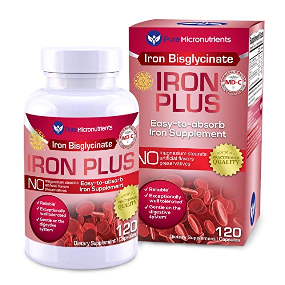 Pure Micronutrients Iron Plus Supplement, Natural Ferrous Chelate, Bisglycinate 25mg   Vitamin C, B6, B12, Folic Acid, 120 Count