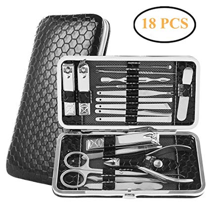 Manicure Pedicure Nail Clippers Set ， 18PCS Scissor Tweezer Knife Ear Pick Tools Grooming Kits ，Professional Cutter Care Nail Tool Set with Leather Case (Black)