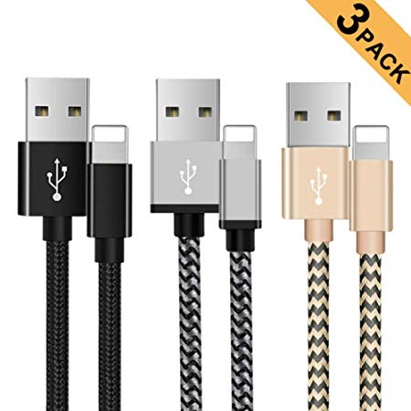 Charger Cable Compatible with Phone 3Pack [5FT 6FT] Charging Cord Nylon Braided USB Fast Charging Cord Compatible with Phone 11 Xs Max X XR 8 7 6s 6 Plus SE 5 5s 5c Pad Pod and More (Black Gold Grey)